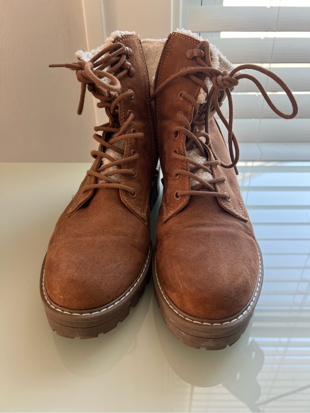 Brown Lace-Up Faux Shearling Ankle Boots